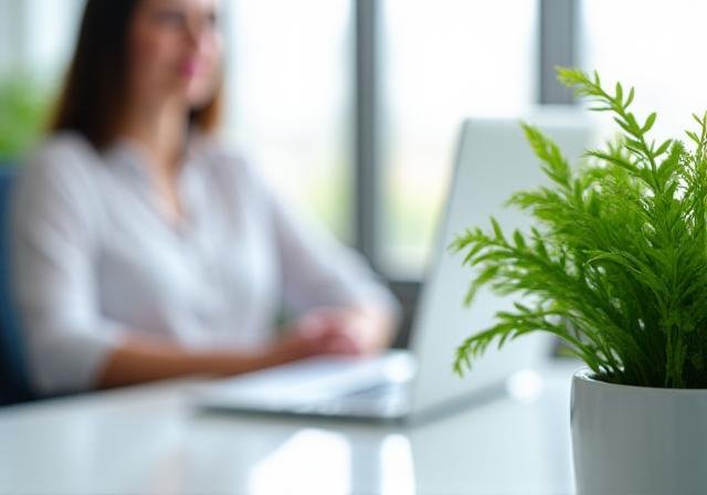 A professional practicing mindfulness in a bright office