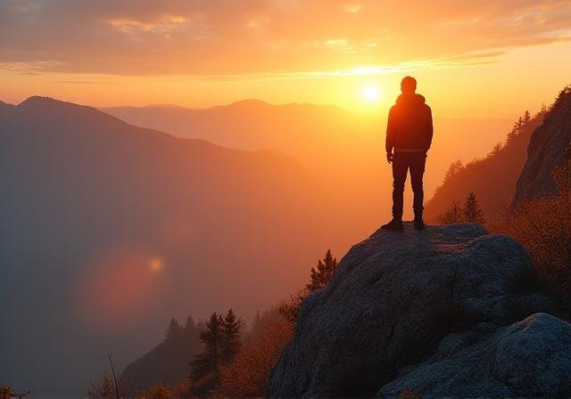 A person standing strong overlooking a valley at sunset